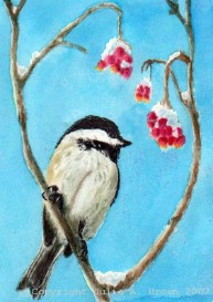 Chickadee and Cranberries - mixed media painting