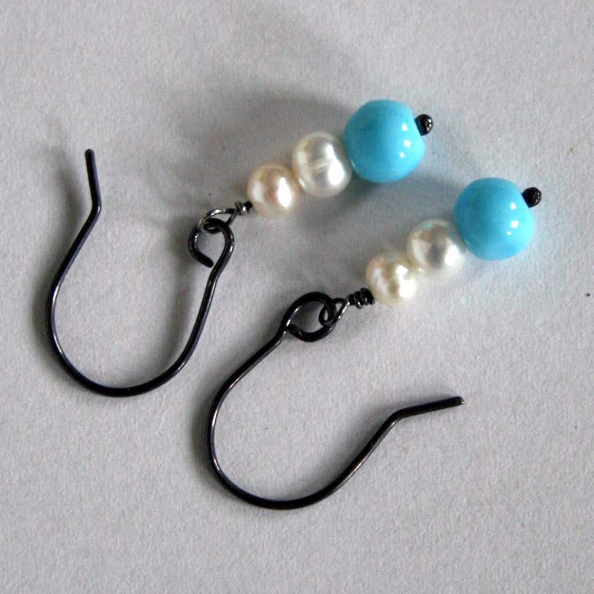 white freshwater pearl and blue vintage glass beads handmade earrings